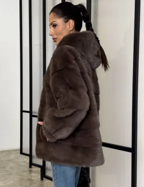 Норковый полушубок с капюшоном на молнии