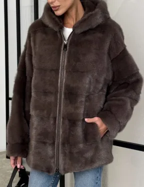 Норковый полушубок с капюшоном на молнии