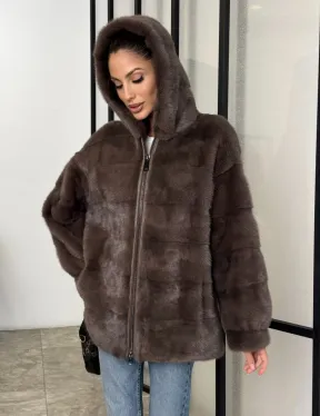 Норковый полушубок с капюшоном на молнии