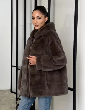 Норковый полушубок с капюшоном на молнии