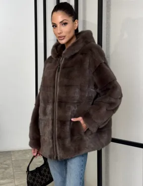 Норковый полушубок с капюшоном на молнии