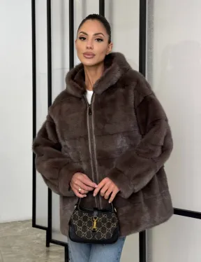Норковый полушубок с капюшоном на молнии