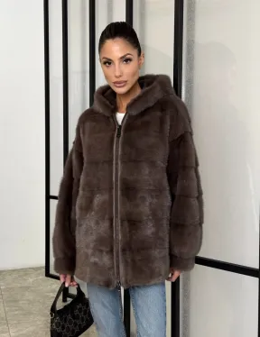 Норковый полушубок с капюшоном на молнии
