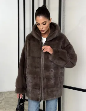 Норковый полушубок с капюшоном на молнии