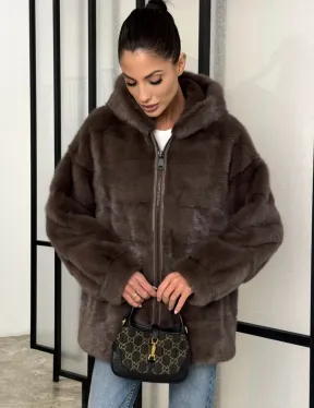 Норковый полушубок с капюшоном на молнии