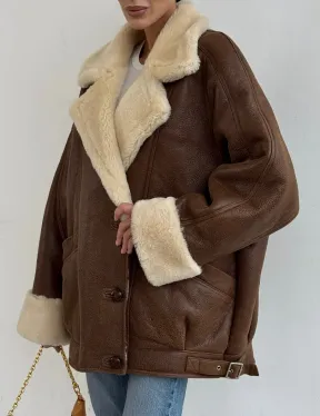 Коричневая женская винтажная дубленка на пуговицах