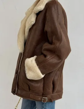 Коричневая женская винтажная дубленка на пуговицах