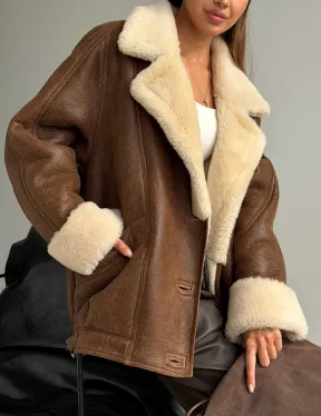 Коричневая женская винтажная дубленка на пуговицах