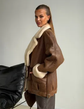 Коричневая женская винтажная дубленка на пуговицах