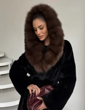 Шуба женская из норки PREMIUM с капюшоном кобра из меха куницы