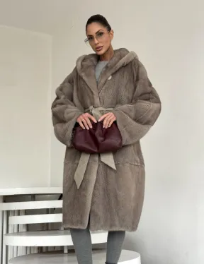 Норковая шуба кимоно с капюшоном кобра в натуральном сером цвете