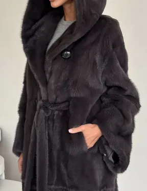 Зимняя норковая шуба с капюшоном - цвет графит