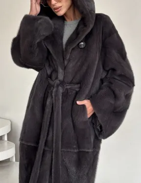 Зимняя норковая шуба с капюшоном - цвет графит