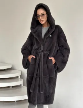 Зимняя норковая шуба с капюшоном - цвет графит