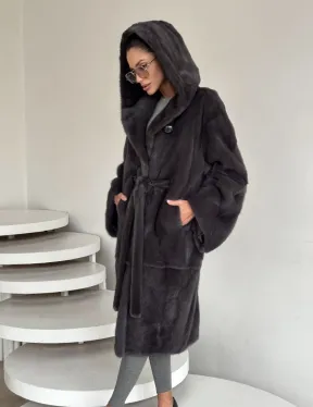 Зимняя норковая шуба с капюшоном - цвет графит