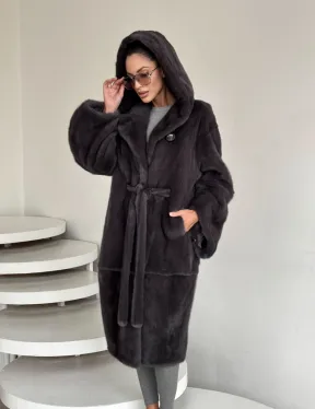 Зимняя норковая шуба с капюшоном - цвет графит