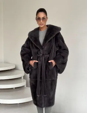 Зимняя норковая шуба с капюшоном - цвет графит