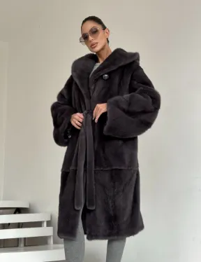 Зимняя норковая шуба с капюшоном - цвет графит