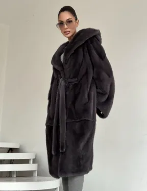 Зимняя норковая шуба с капюшоном - цвет графит