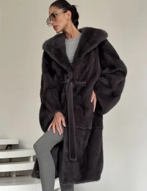 Зимняя норковая шуба с капюшоном - цвет графит