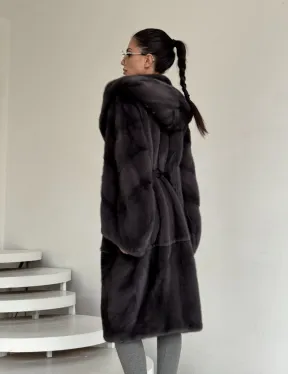 Зимняя норковая шуба с капюшоном - цвет графит