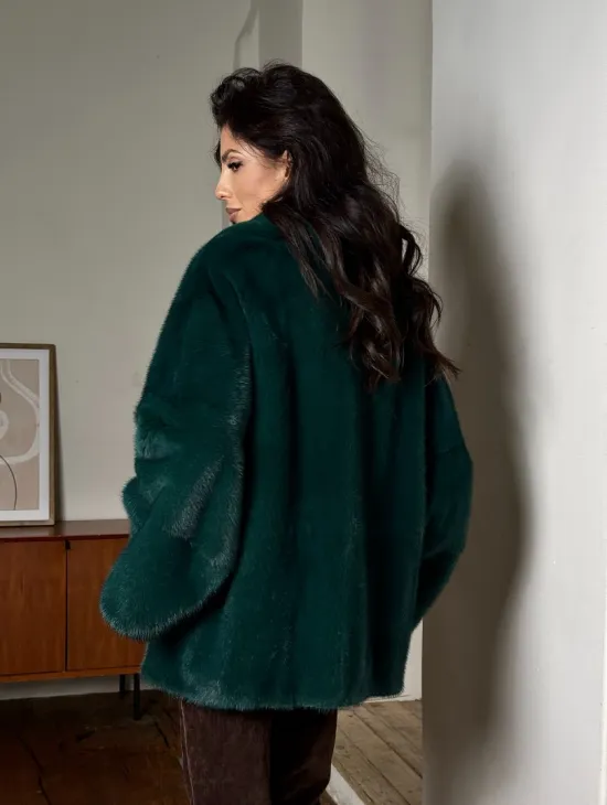 Изумрудная укороченная норковая шуба с английским воротником