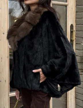 Шуба - пончо из аукционной норки Black с воротником из куницы