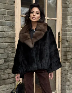 Шуба - пончо из аукционной норки Black с воротником из куницы