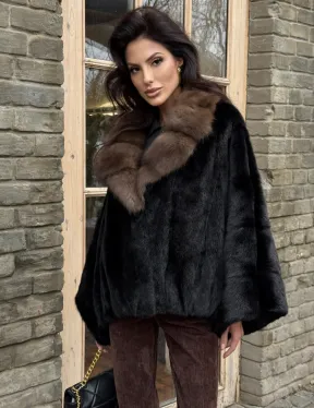 Шуба - пончо из аукционной норки Black с воротником из куницы