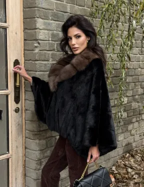 Шуба - пончо из аукционной норки Black с воротником из куницы