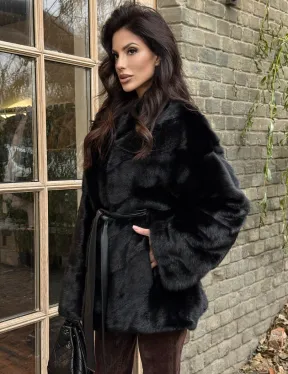 Черный норковый полушубок с воротником V-образным