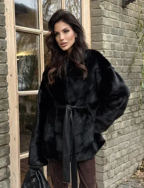 Черный норковый полушубок с воротником V-образным