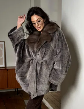 Женский норковый полушубок с воротником из куницы, фасон - летучая мышь