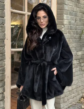 Меховое пончо из скандинавской норки с капюшоном - черный изумруд