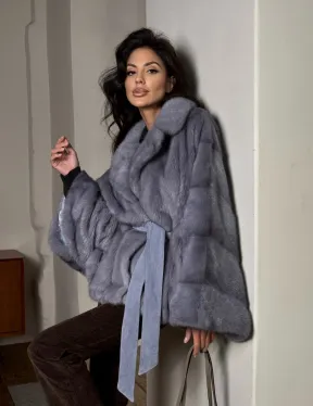 Короткая норковая шуба в стиле оверсайз с английским воротником