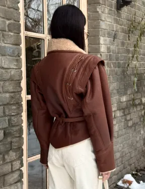 Стильная куртка - дублёнка на запах с поясом