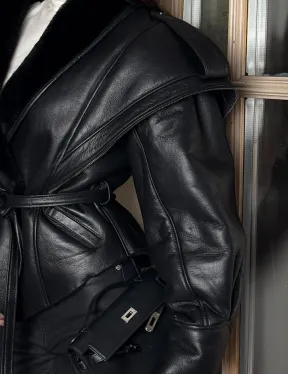 Черная куртка - дубленка из натуральной овчины на запах с поясом