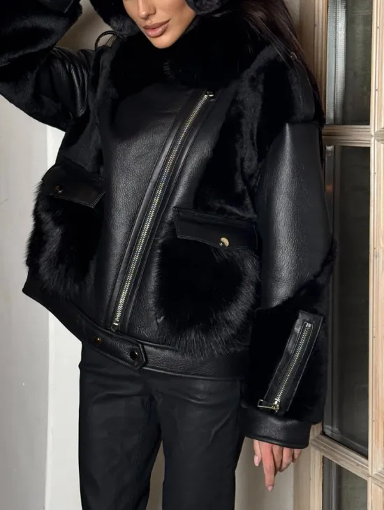 Черная дубленка на молнии с меховым воротником из финского песца