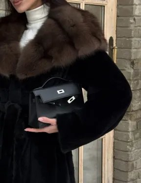 Длинная норковая шуба из норки Blackglama с капюшоном из меха куницы