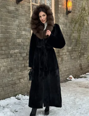 Длинная норковая шуба из норки Blackglama с капюшоном из меха куницы