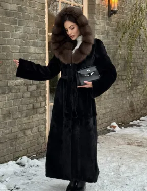 Длинная норковая шуба из норки Blackglama с капюшоном из меха куницы