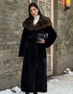 Длинная норковая шуба из норки Blackglama с капюшоном из меха куницы