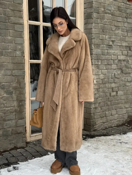 Удлиненная стильная шуба кимоно из скандинавской норки английский воротник