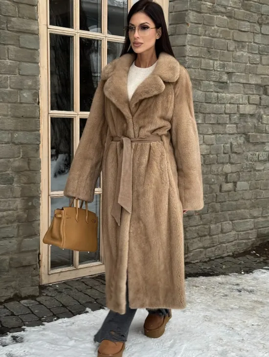 Удлиненная стильная шуба кимоно из скандинавской норки английский воротник