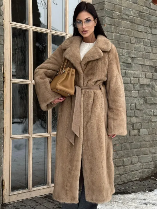 Удлиненная стильная шуба кимоно из скандинавской норки английский воротник