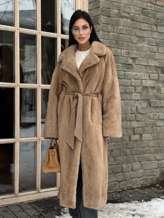 Удлиненная стильная шуба кимоно из скандинавской норки английский воротник