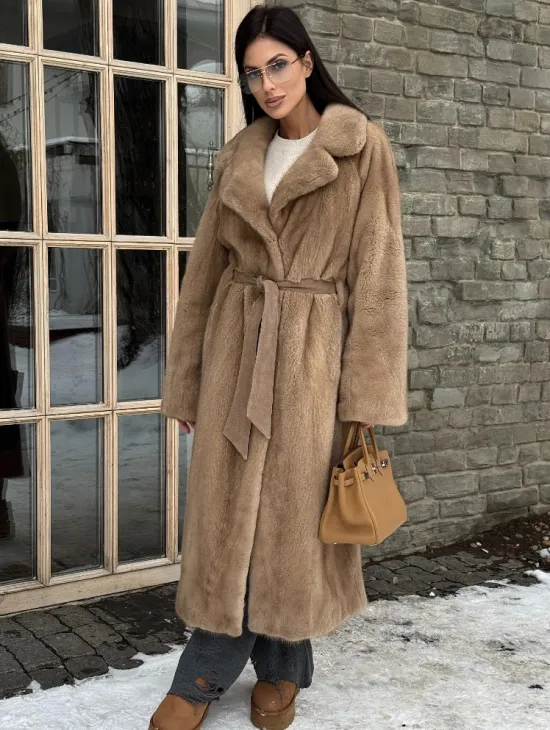 Удлиненная стильная шуба кимоно из скандинавской норки английский воротник