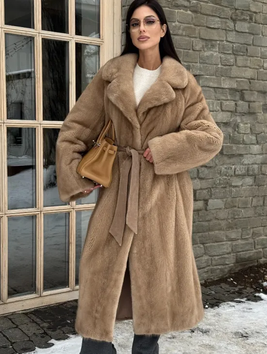 Удлиненная стильная шуба кимоно из скандинавской норки английский воротник