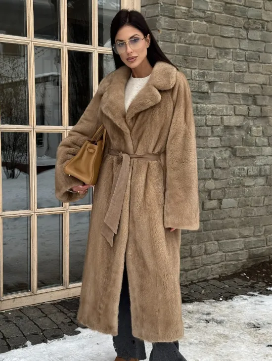 Удлиненная стильная шуба кимоно из скандинавской норки английский воротник