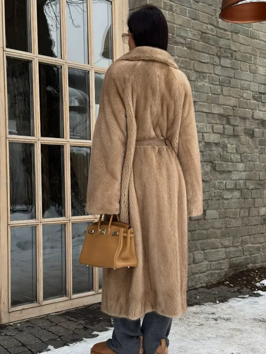 Удлиненная стильная шуба кимоно из скандинавской норки английский воротник